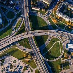 an overhead view of a highway loop