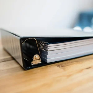close up of a binder on a desk